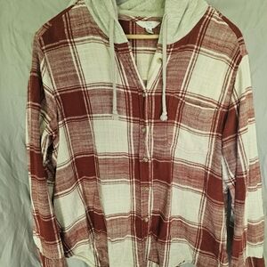 Time and Tru Red Plaid Hooded Shirt